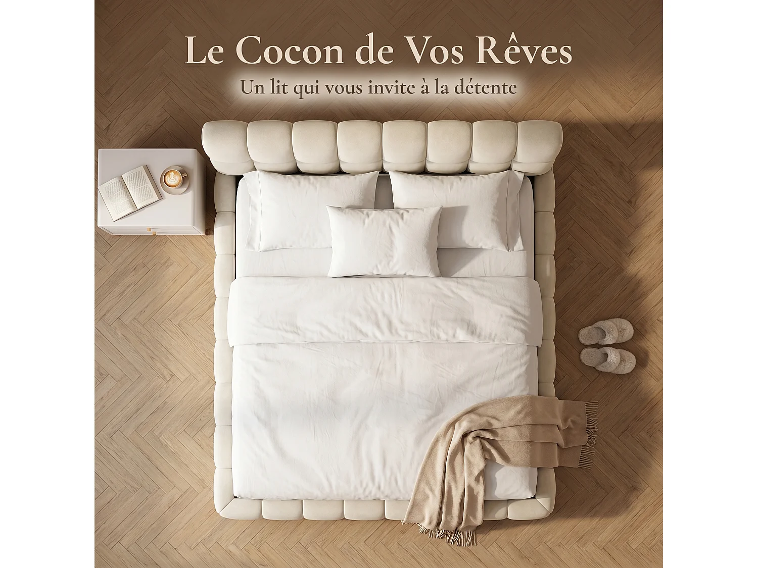 Cadre de lit 140x190 cm avec tête de lit rembourrée, sommier à lattes et revêtement en tissu de lin beige, sans matelas