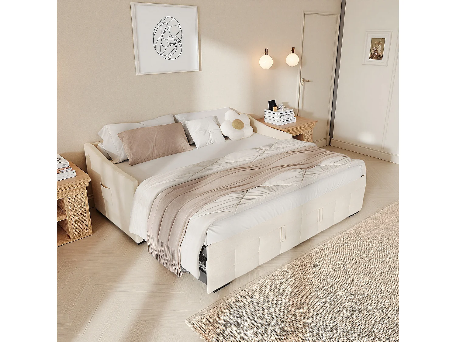 Lit banquette 90x200 cm, Canapé-lit extensible, 180x200 cm, bois et métal, style contemporain, velours, beige