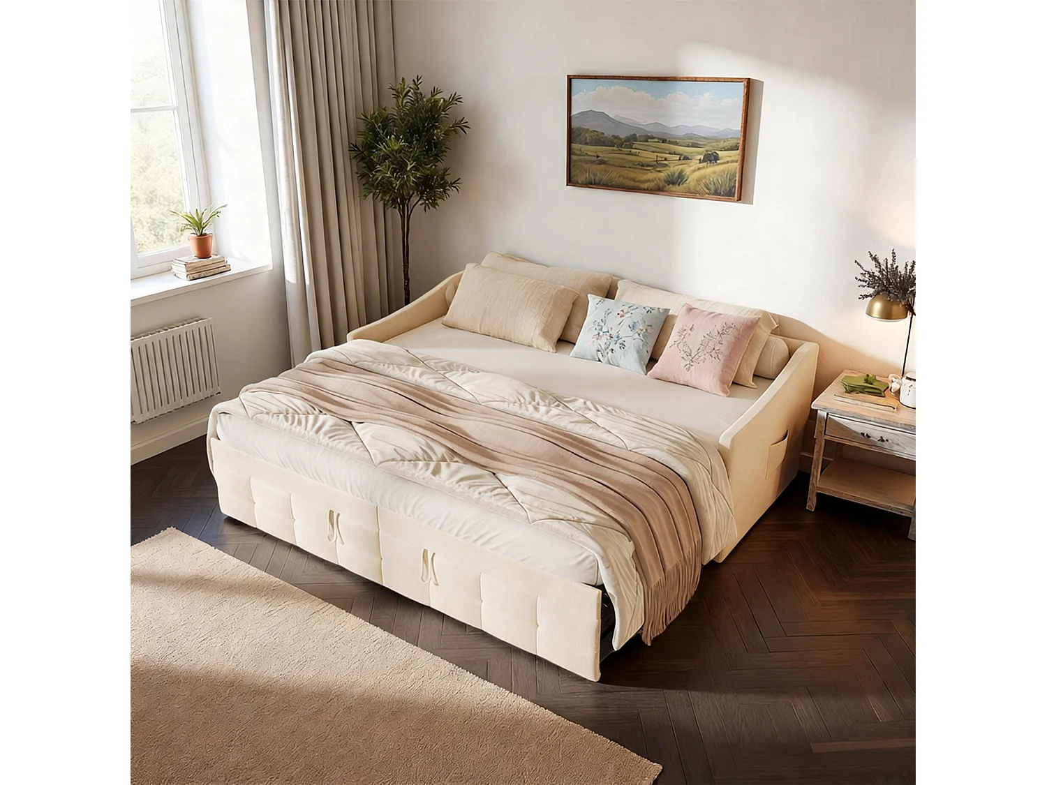 Lit banquette 90x200 cm, Canapé-lit extensible, 180x200 cm, bois et métal, style contemporain, velours, beige