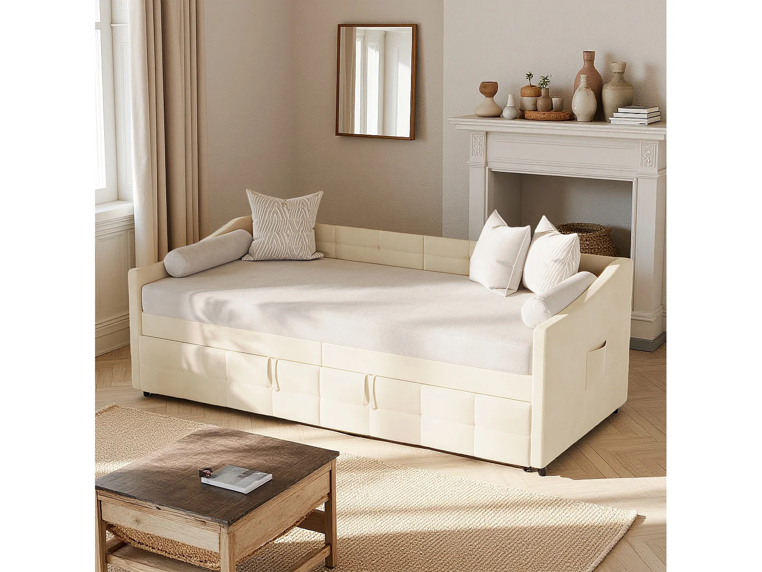 Lit banquette 90x200 cm, Canapé-lit extensible, 180x200 cm, bois et métal, style contemporain, velours, beige