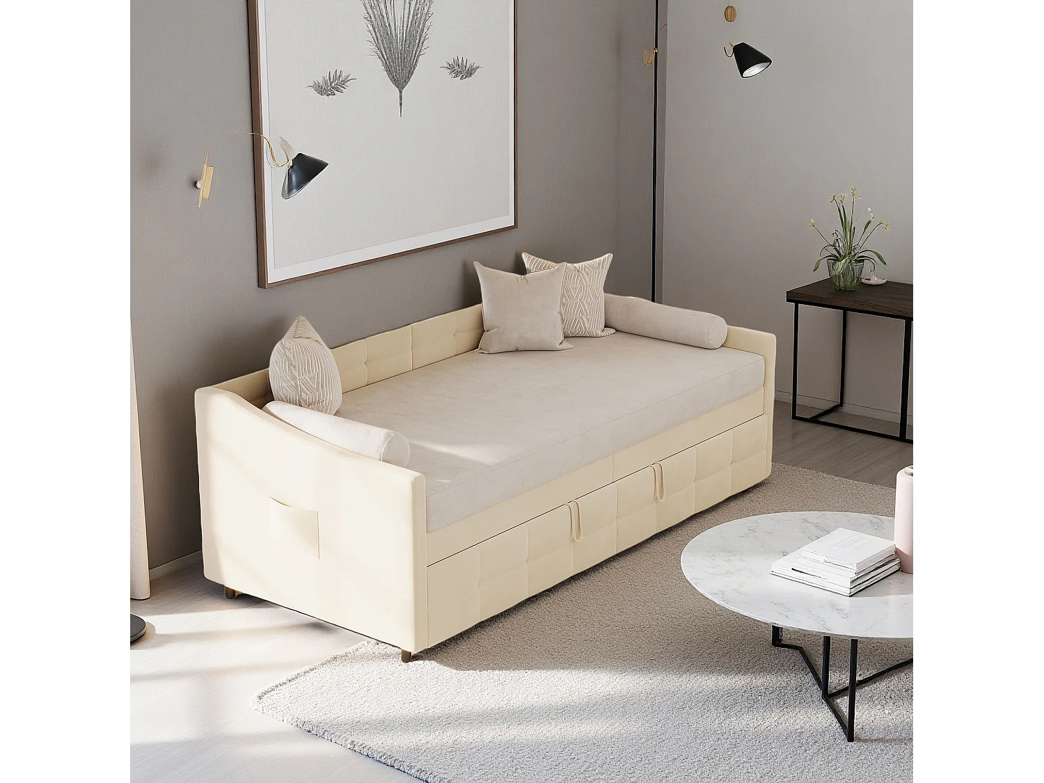 Lit banquette 90x200 cm, Canapé-lit extensible, 180x200 cm, bois et métal, style contemporain, velours, beige