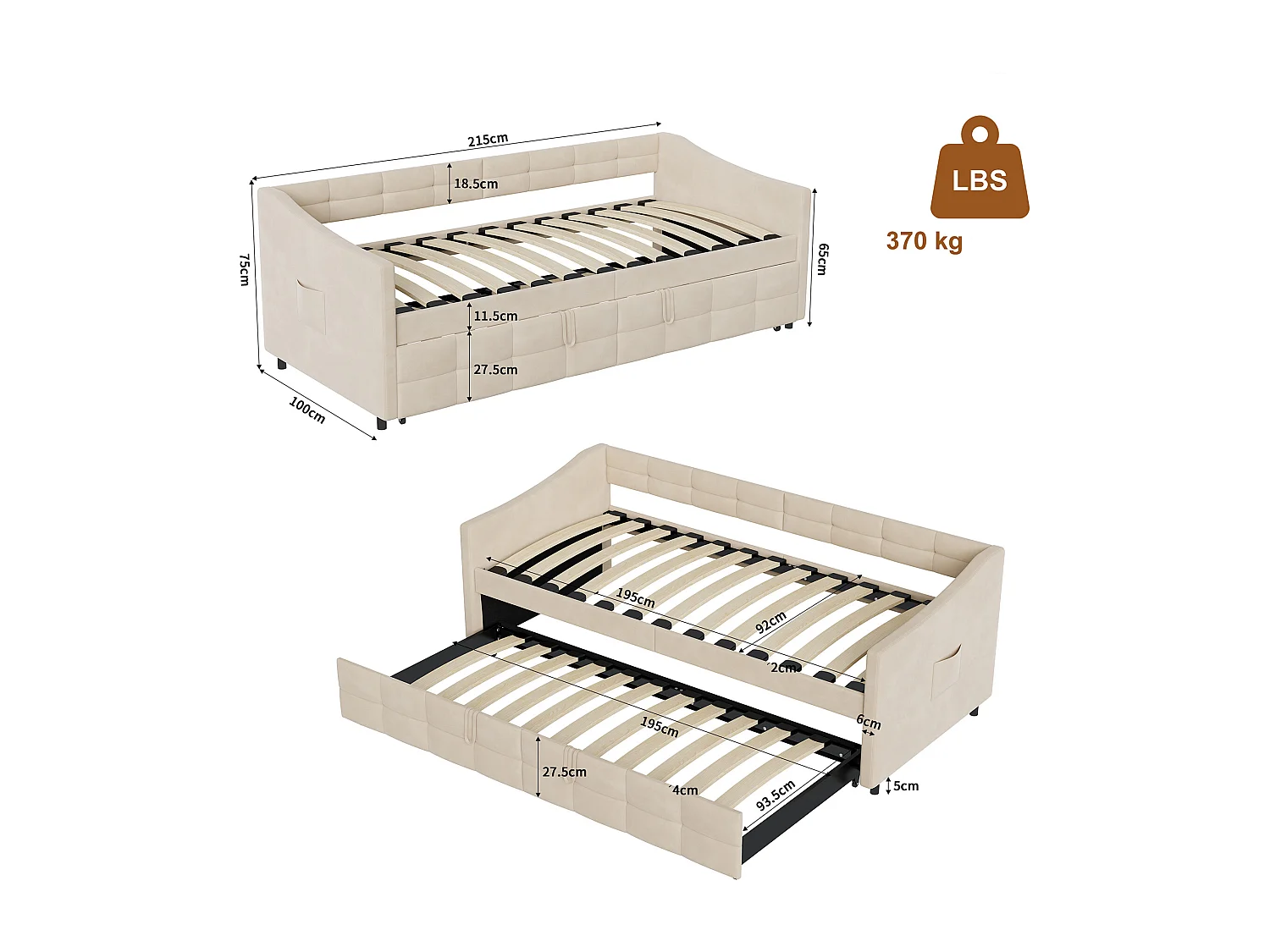 Lit banquette 90x200 cm, Canapé-lit extensible, 180x200 cm, bois et métal, style contemporain, velours, beige