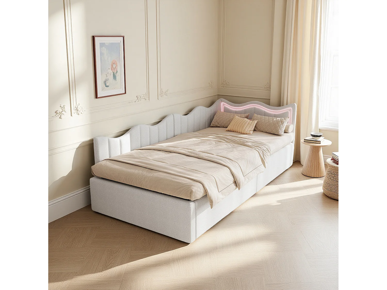 Lit banquette 90x200 cm, LED réglable, Canapé-lit, lit coffre, lit enfant, lit une place, contemporain, velours teddy, blanc