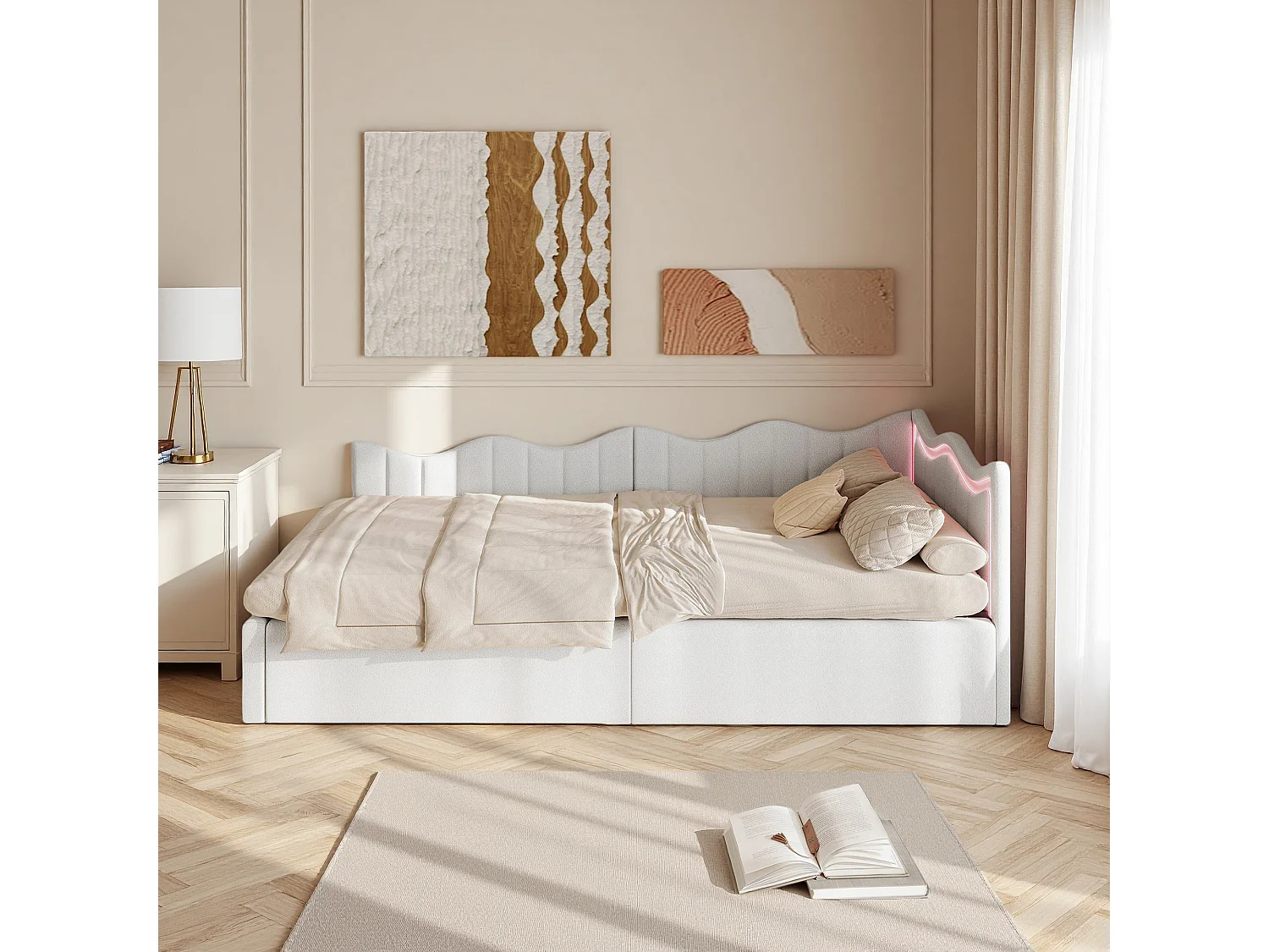 Lit banquette 90x200 cm, LED réglable, Canapé-lit, lit coffre, lit enfant, lit une place, contemporain, velours teddy, blanc