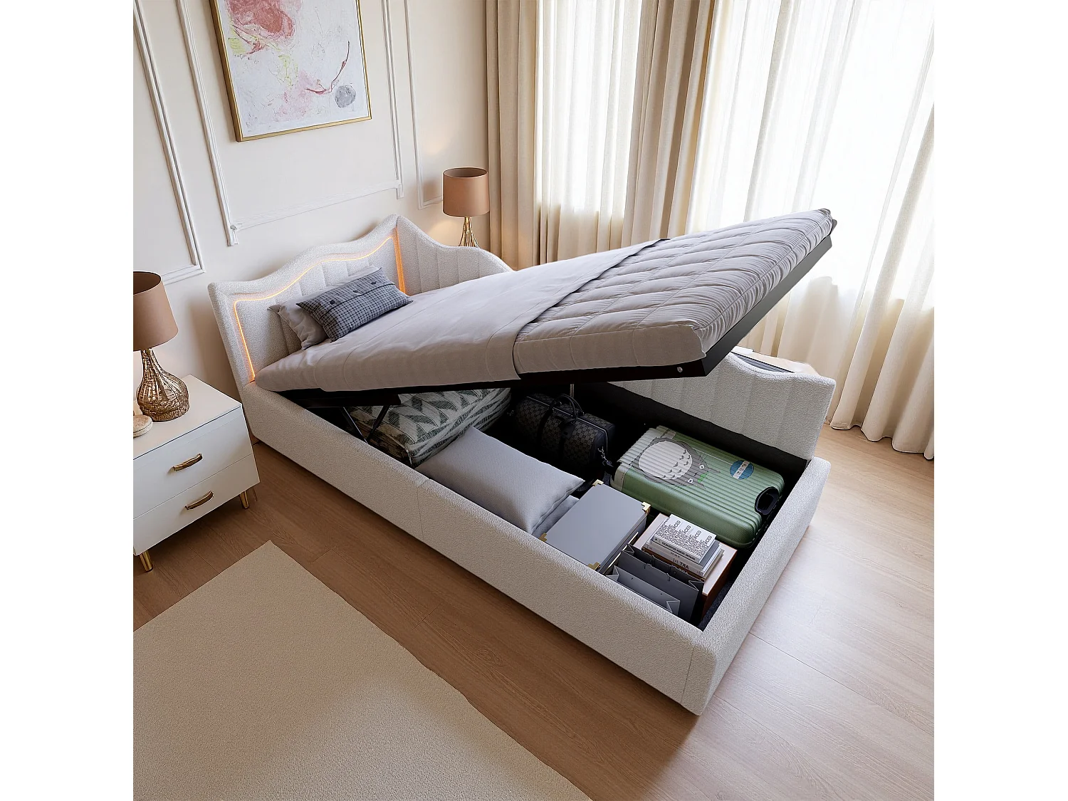 Lit banquette 90x200 cm, LED réglable, Canapé-lit, lit coffre, lit enfant, lit une place, contemporain, velours teddy, blanc