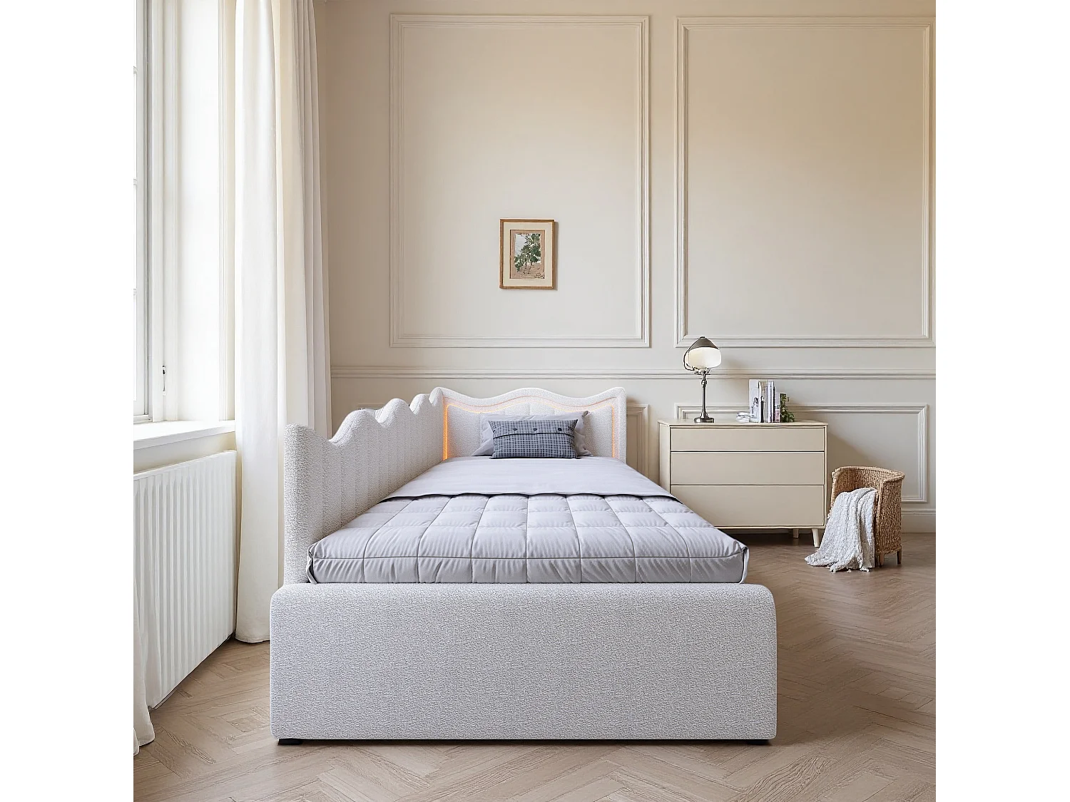 Lit banquette 90x200 cm, LED réglable, Canapé-lit, lit coffre, lit enfant, lit une place, contemporain, velours teddy, blanc