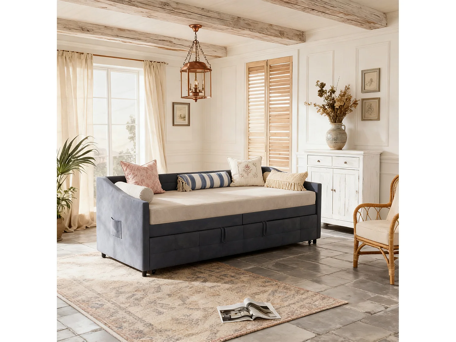Lit banquette 90x200 cm, Canapé-lit extensible, 180x200 cm, Bois et métal, style scandinave, Tissu Velours doux, Gris