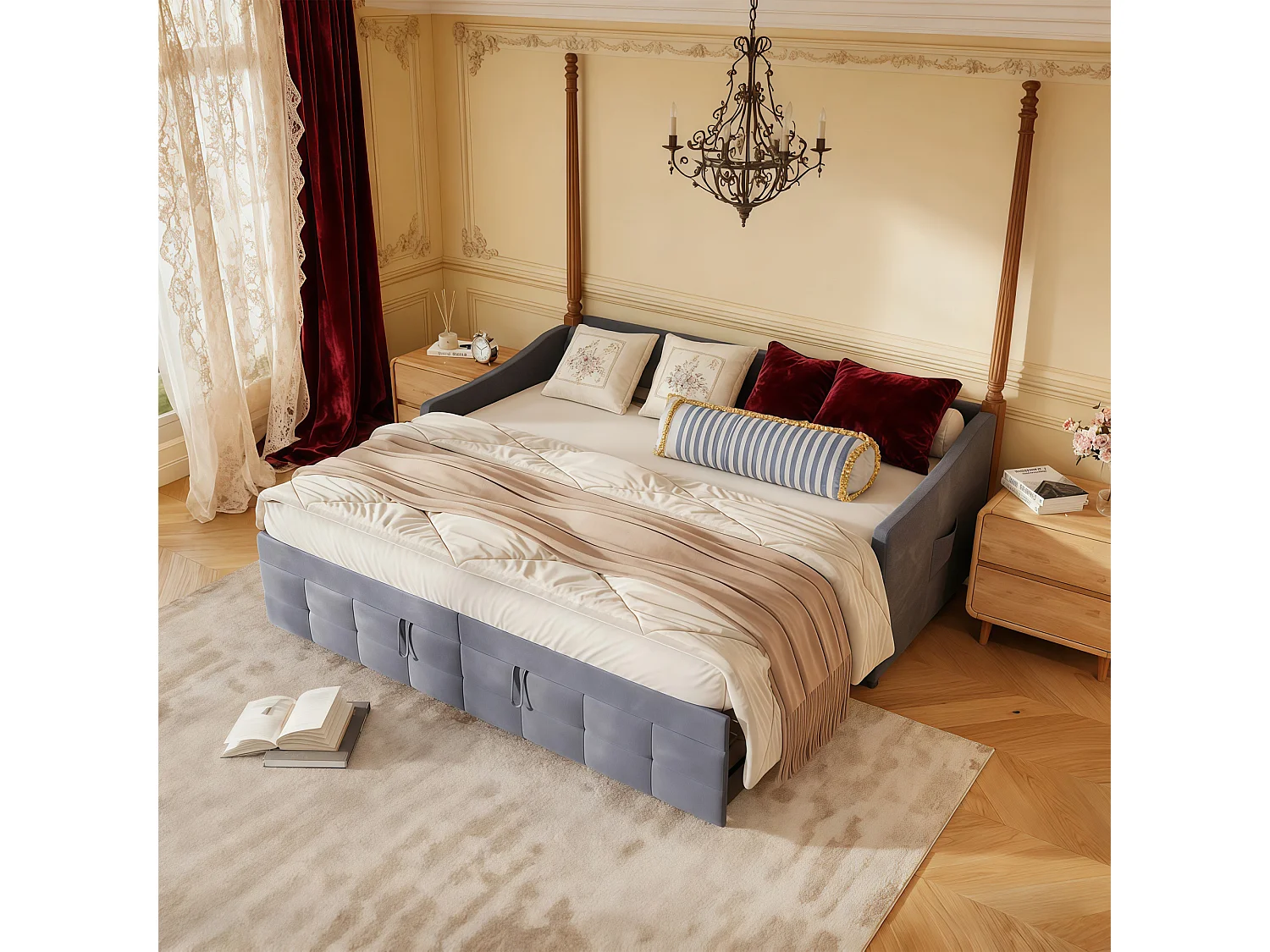 Lit banquette 90x200 cm, Canapé-lit extensible, 180x200 cm, Bois et métal, style scandinave, Tissu Velours doux, Gris