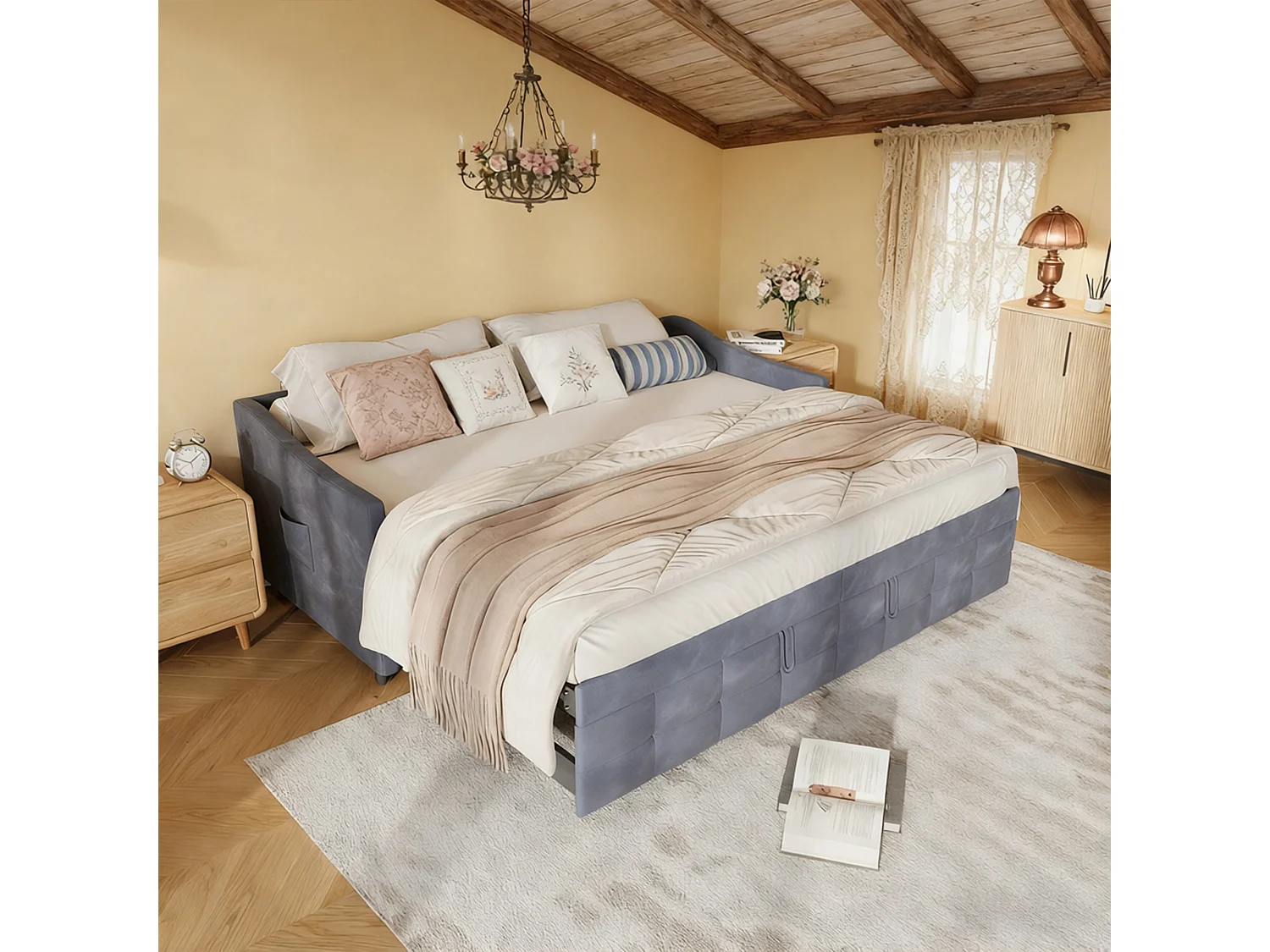 Lit banquette 90x200 cm, Canapé-lit extensible, 180x200 cm, Bois et métal, style scandinave, Tissu Velours doux, Gris