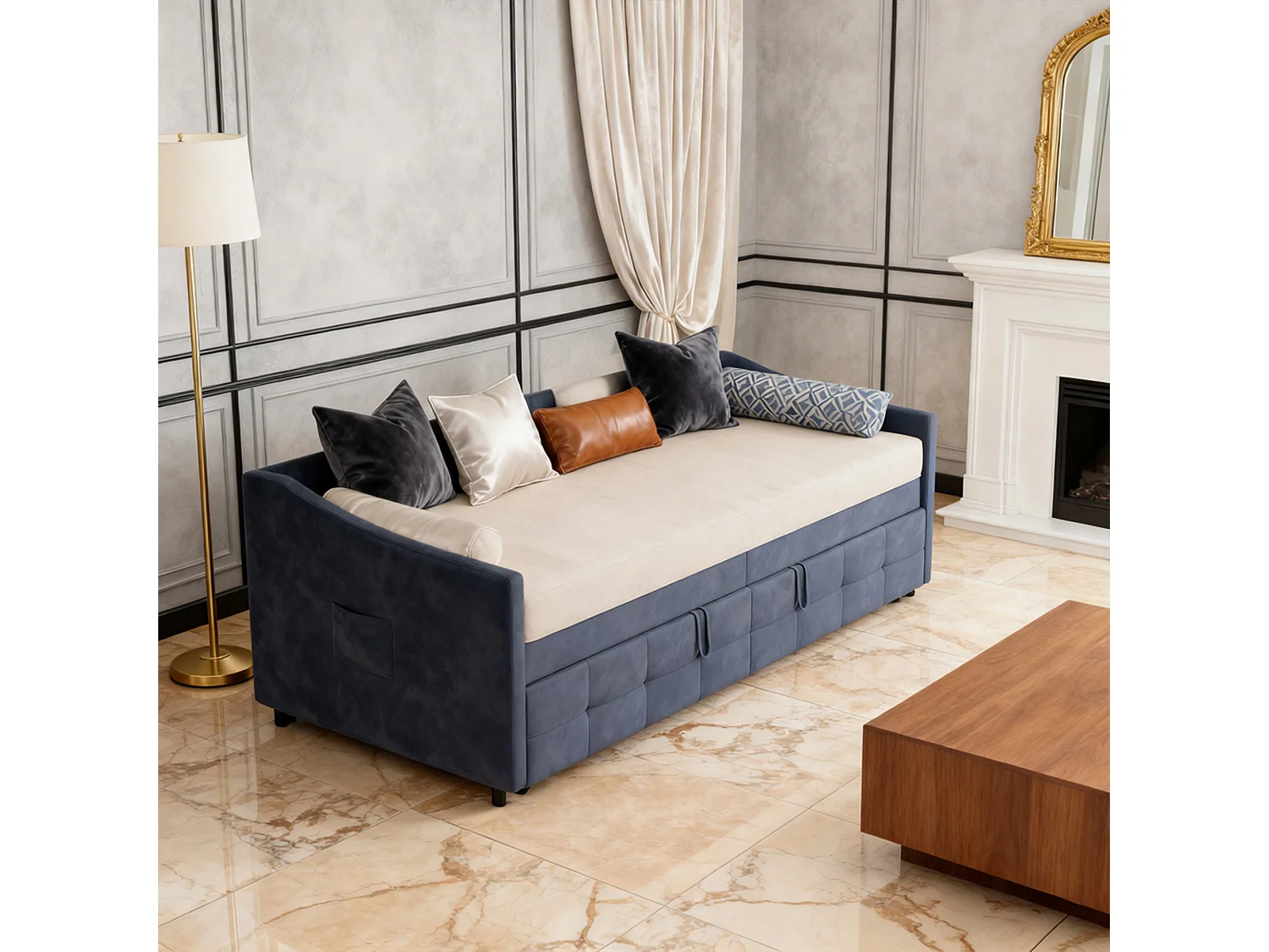 Lit banquette 90x200 cm, Canapé-lit extensible, 180x200 cm, Bois et métal, style scandinave, Tissu Velours doux, Gris