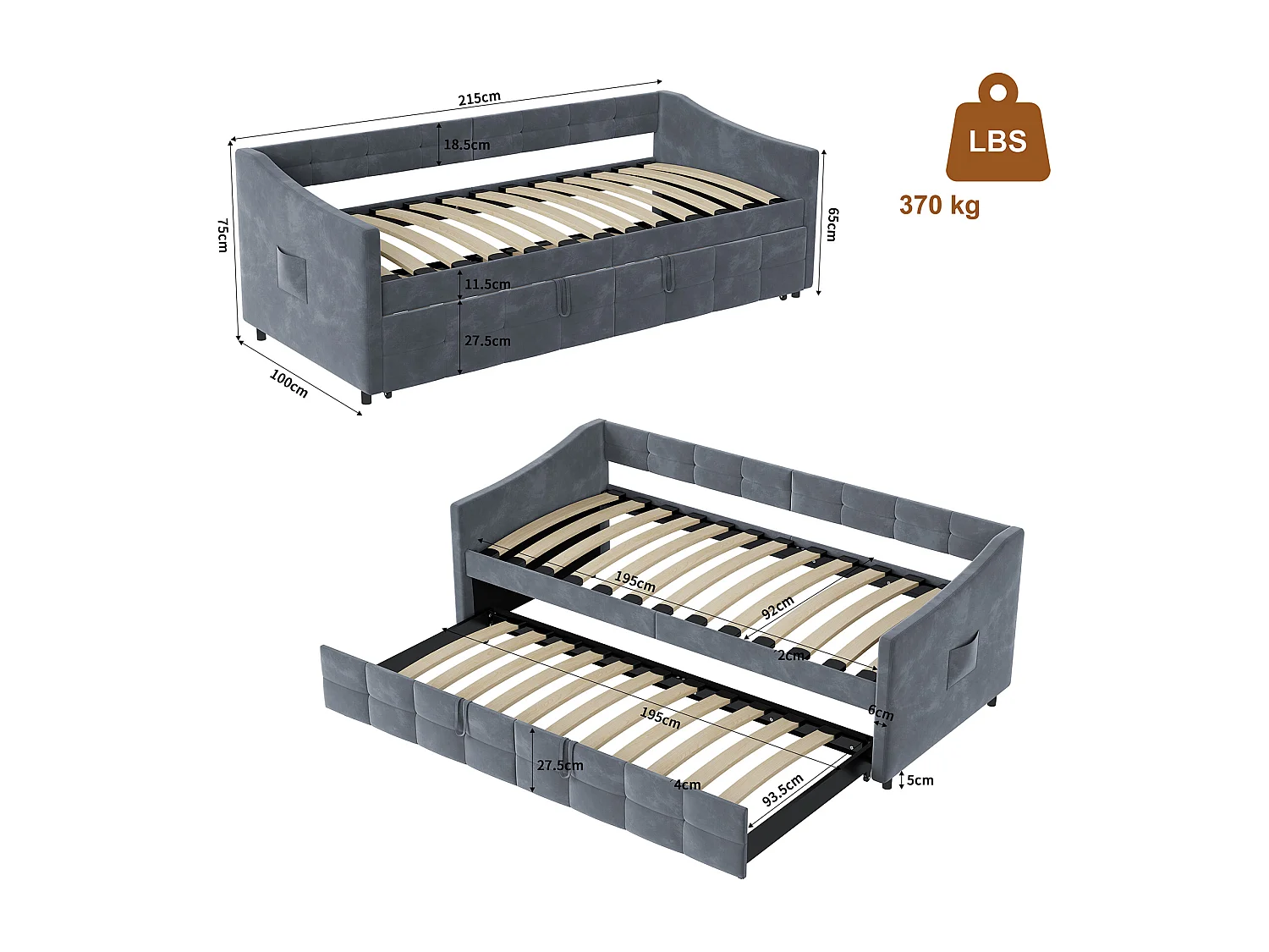 Lit banquette 90x200 cm, Canapé-lit extensible, 180x200 cm, Bois et métal, style scandinave, Tissu Velours doux, Gris