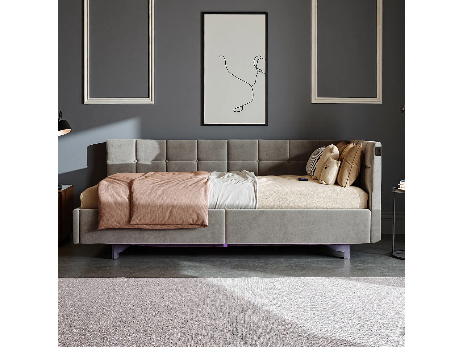 Lit banquette 90x200 cm, RGB LED, USB et Type-C, Canapé-lit, lit coffre, lit enfant, lit une place, velours, gris