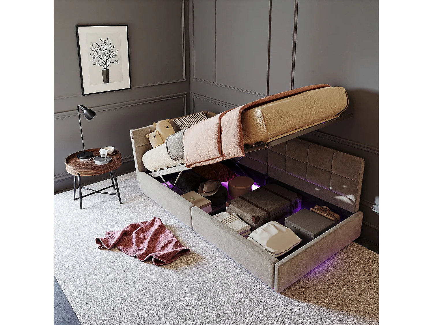 Lit banquette 90x200 cm, RGB LED, USB et Type-C, Canapé-lit, lit coffre, lit enfant, lit une place, velours, gris