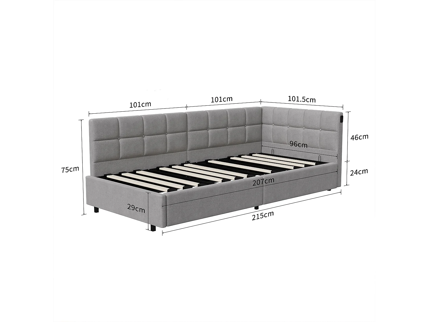 Lit banquette 90x200 cm, RGB LED, USB et Type-C, Canapé-lit, lit coffre, lit enfant, lit une place, velours, gris