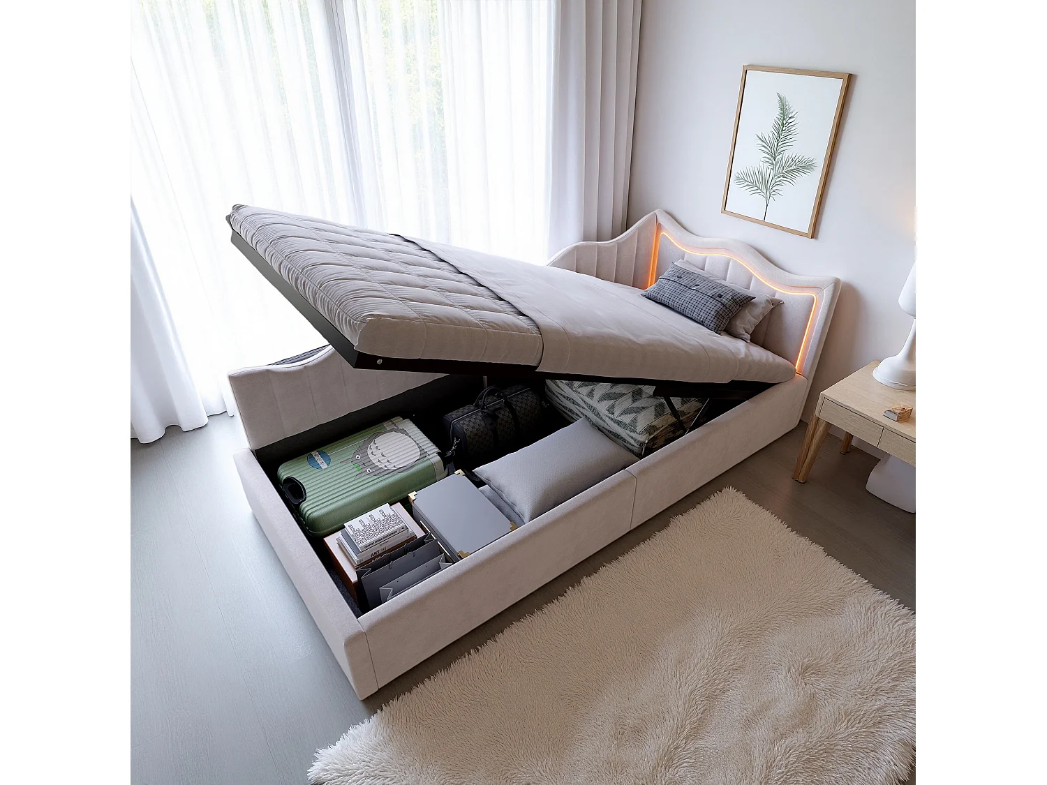 Lit banquette 90x200 cm, LED réglable, Canapé-lit, lit enfant, lit coffre, velours, beige