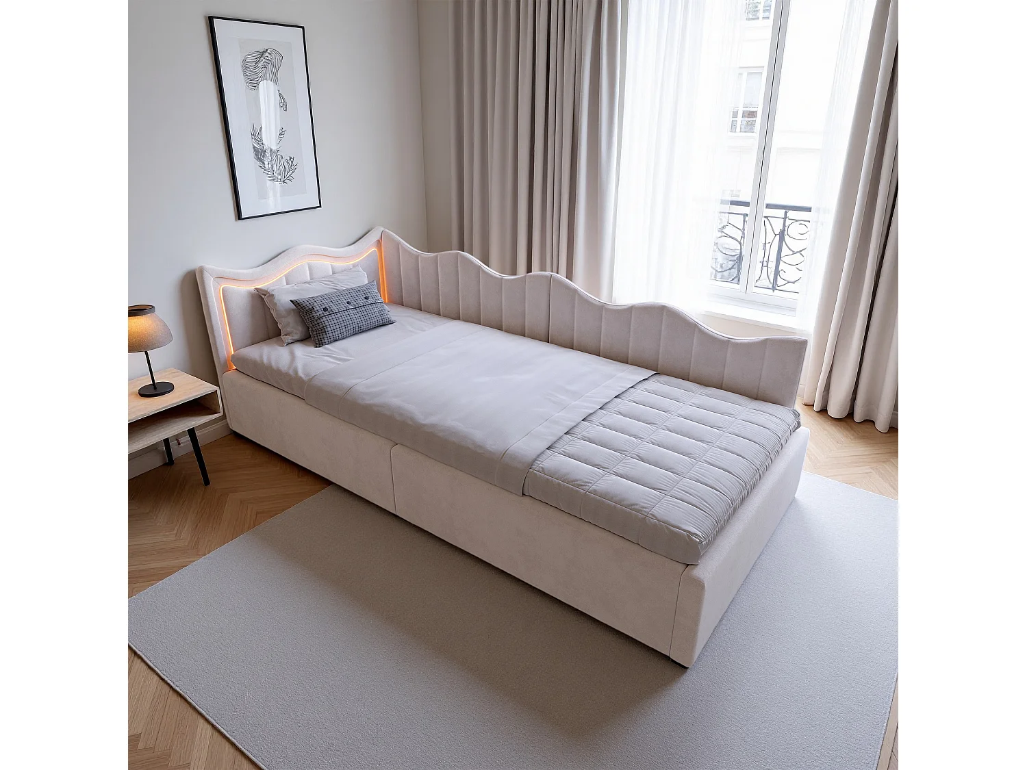 Lit banquette 90x200 cm, LED réglable, Canapé-lit, lit enfant, lit coffre, velours, beige