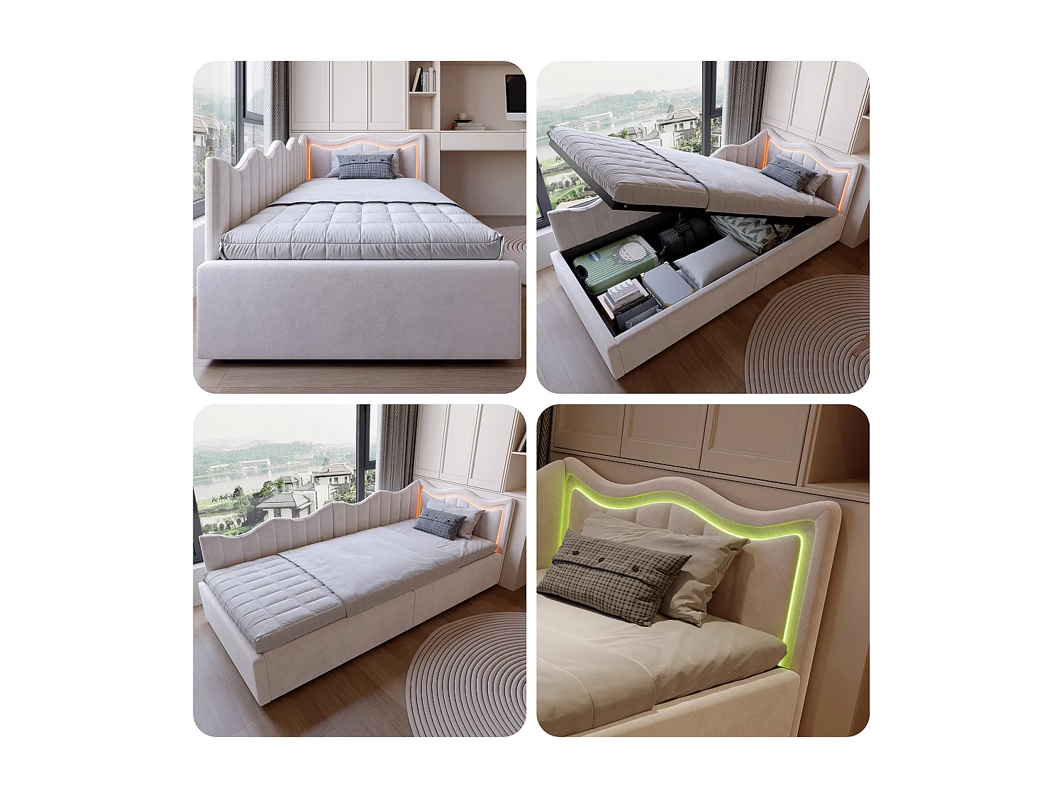 Lit banquette 90x200 cm, LED réglable, Canapé-lit, lit enfant, lit coffre, velours, beige