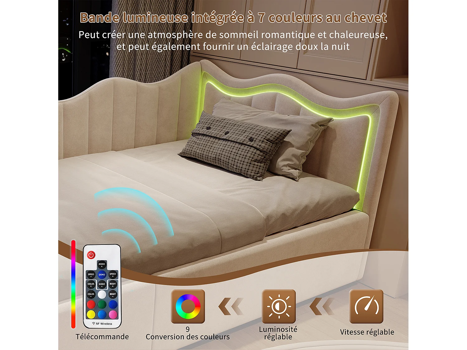 Lit banquette 90x200 cm, LED réglable, Canapé-lit, lit enfant, lit coffre, velours, beige
