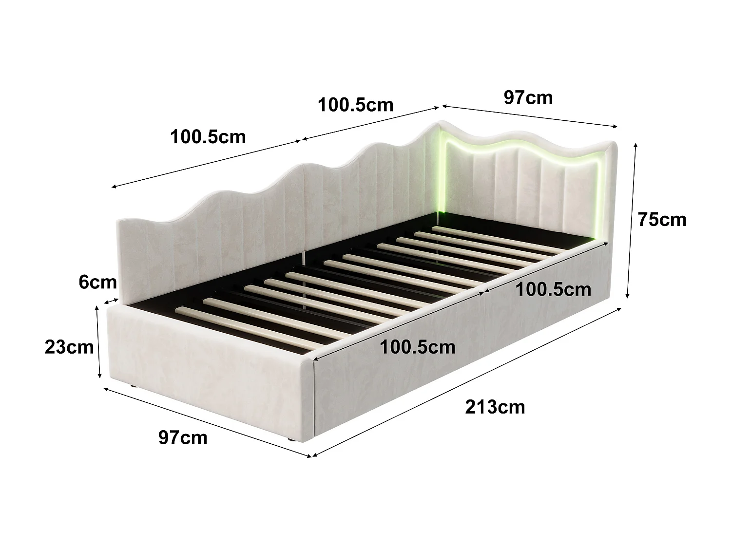 Lit banquette 90x200 cm, LED réglable, Canapé-lit, lit enfant, lit coffre, velours, beige