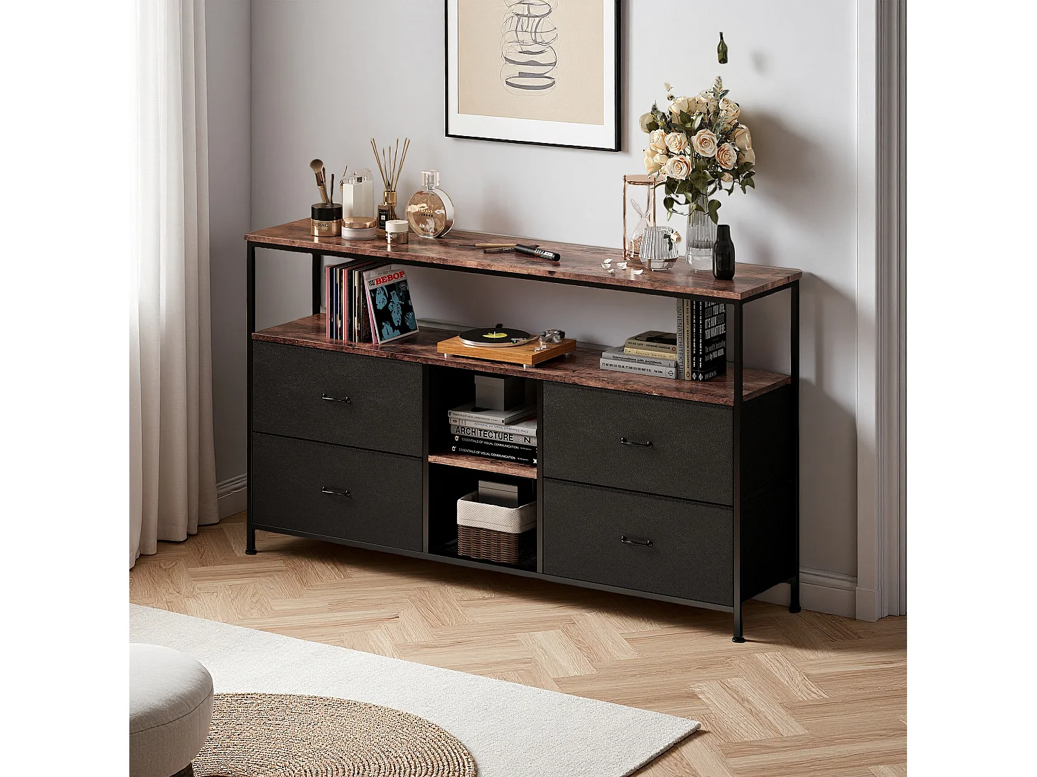 LED tv-meubel, opbergmeubel, hout en metaal, retro en modern, 4 lades, 137x29x78 cm, PU, ​​zwart