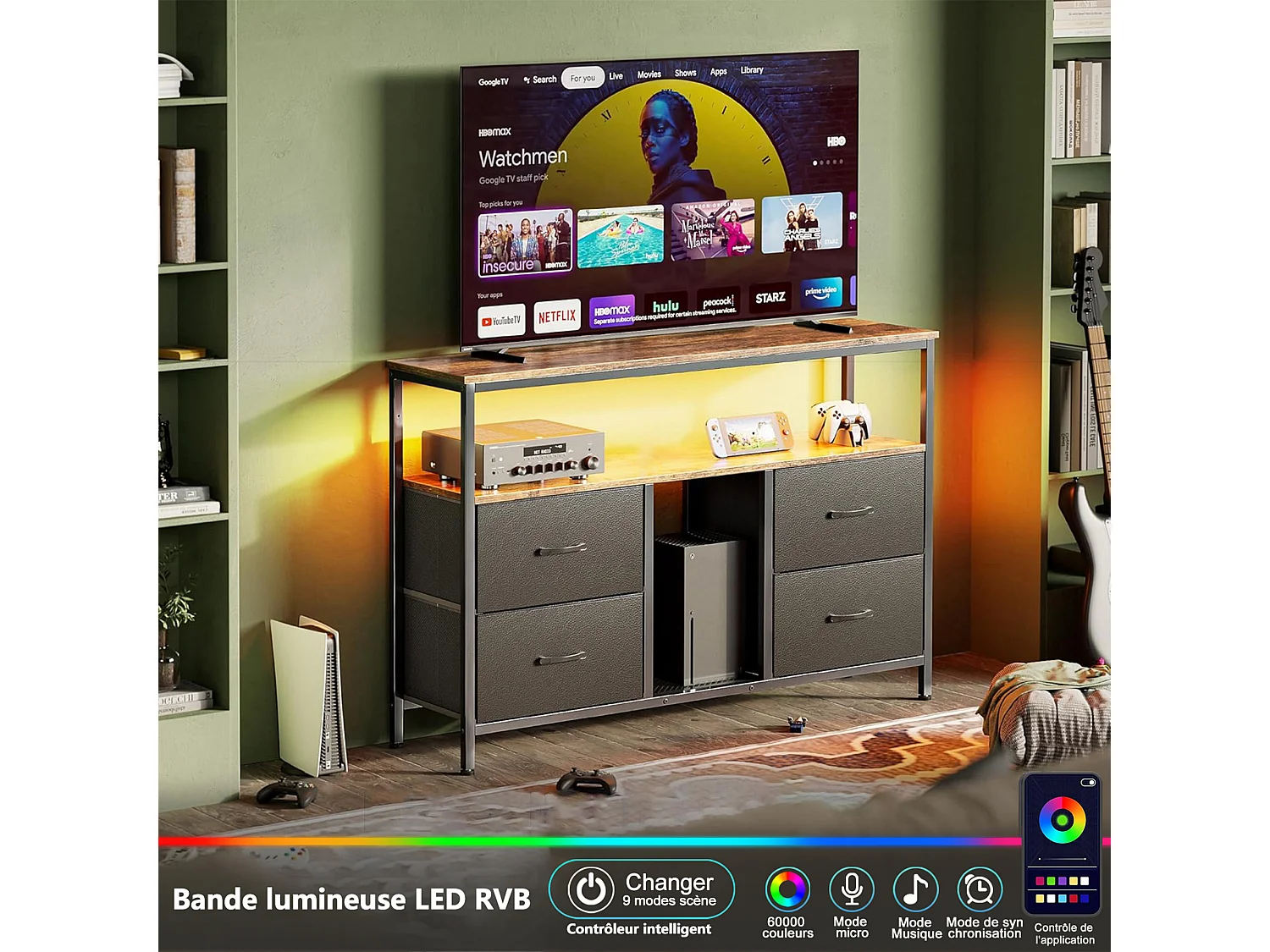 LED tv-meubel, opbergmeubel, hout en metaal, retro en modern, 4 lades, 137x29x78 cm, PU, ​​zwart