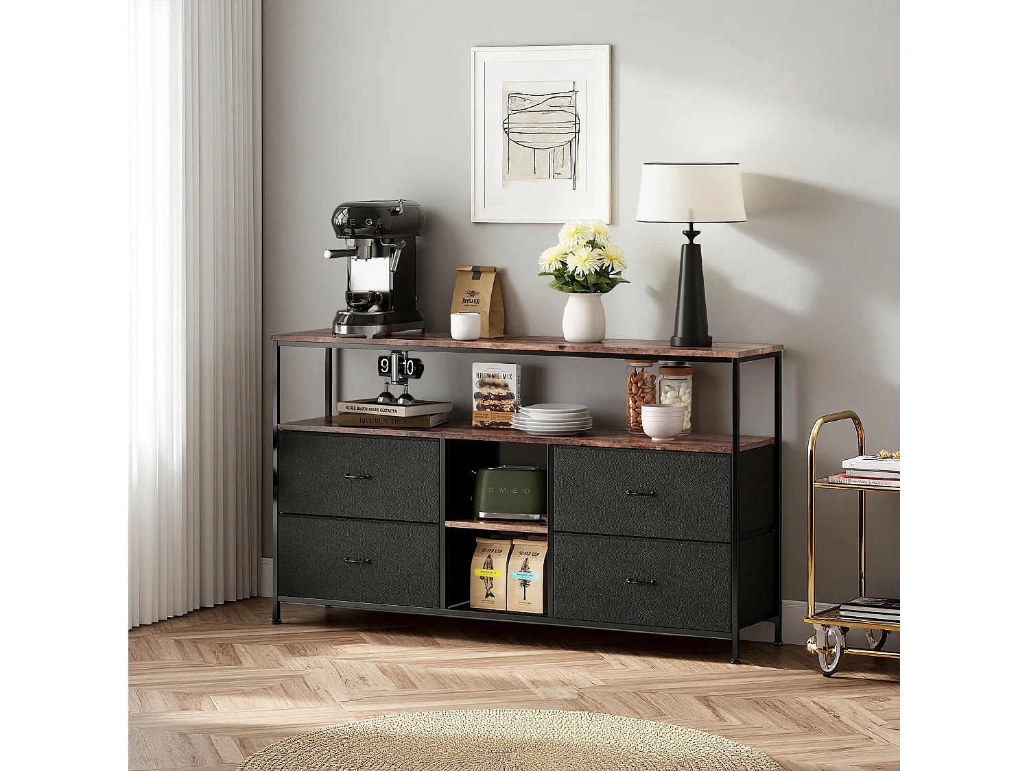 LED tv-meubel, opbergmeubel, hout en metaal, retro en modern, 4 lades, 137x29x78 cm, PU, ​​zwart