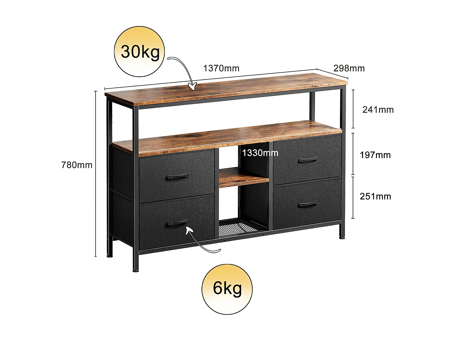 LED tv-meubel, opbergmeubel, hout en metaal, retro en modern, 4 lades, 137x29x78 cm, PU, ​​zwart