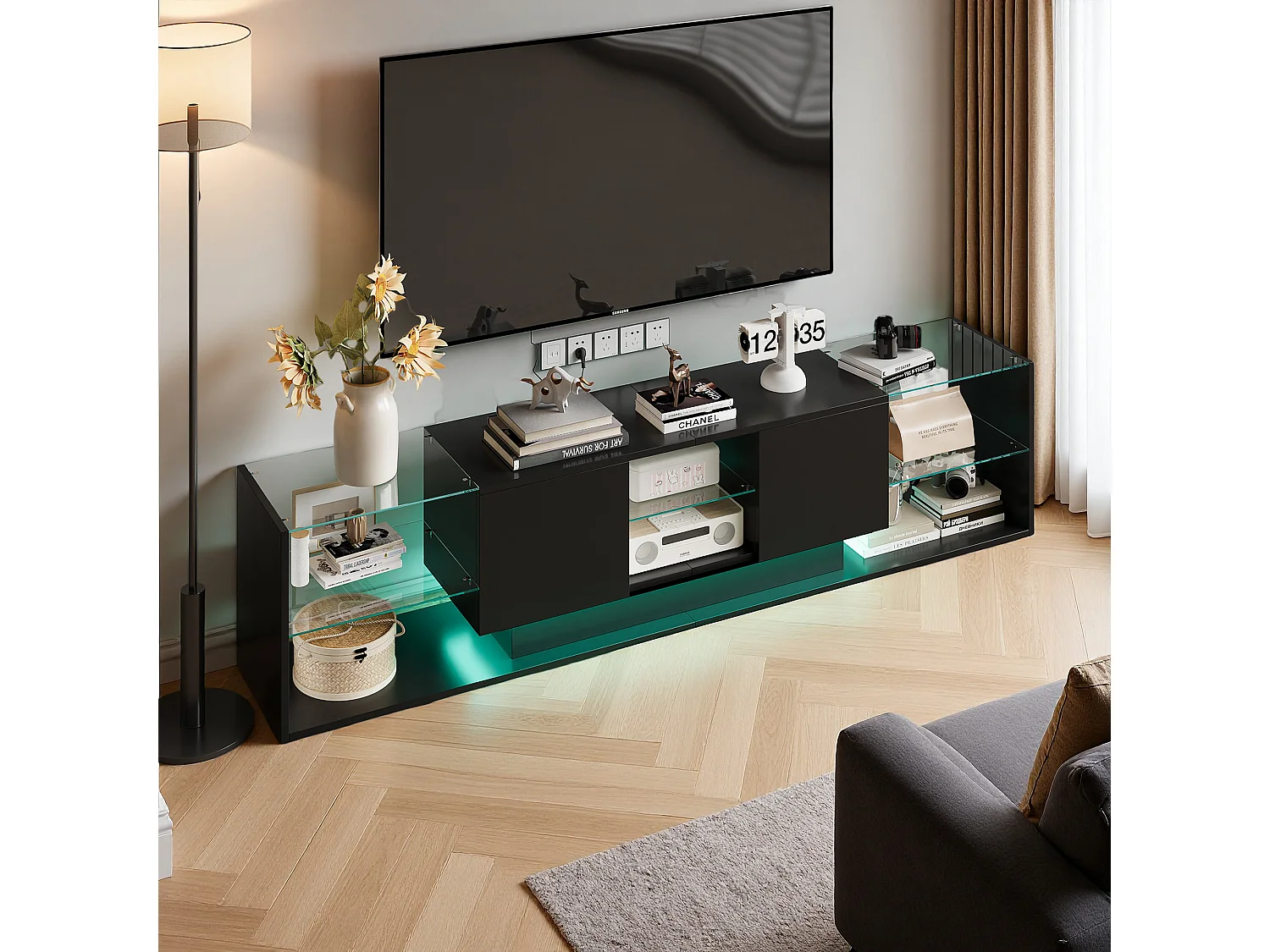 Meuble TV 200 cm, RGB LED, 2 tiroirs, sans poignée, Verre trempé et bois, Salon, 200 x 35 x 45 cm, Noir