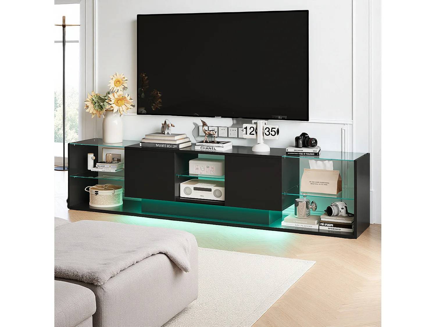 Meuble TV 200 cm, RGB LED, 2 tiroirs, sans poignée, Verre trempé et bois, Salon, 200 x 35 x 45 cm, Noir