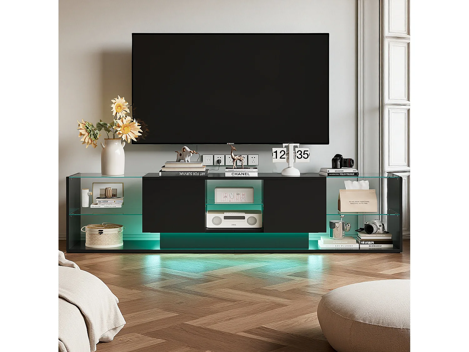 Meuble TV 200 cm, RGB LED, 2 tiroirs, sans poignée, Verre trempé et bois, Salon, 200 x 35 x 45 cm, Noir
