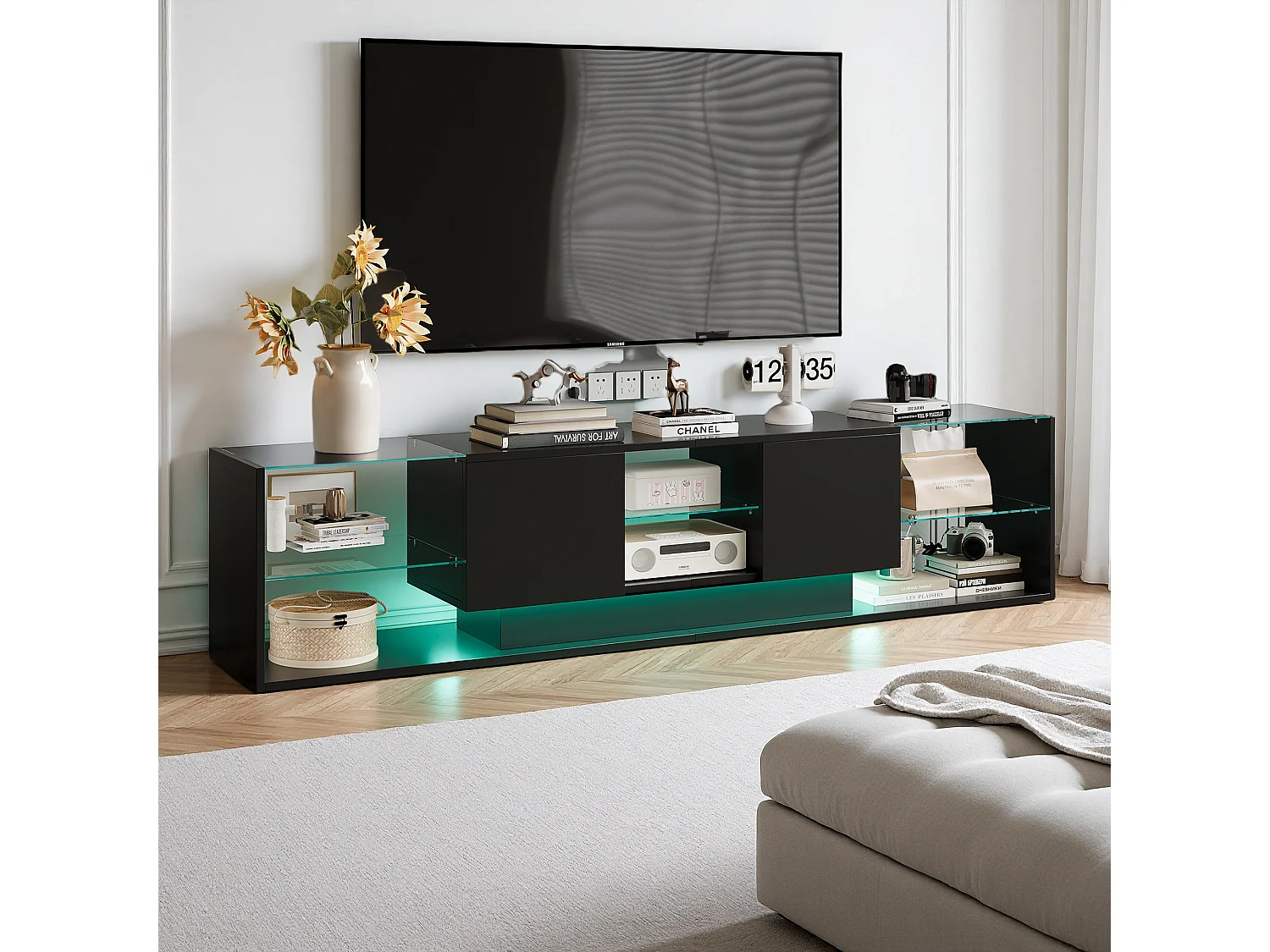 Meuble TV 200 cm, RGB LED, 2 tiroirs, sans poignée, Verre trempé et bois, Salon, 200 x 35 x 45 cm, Noir