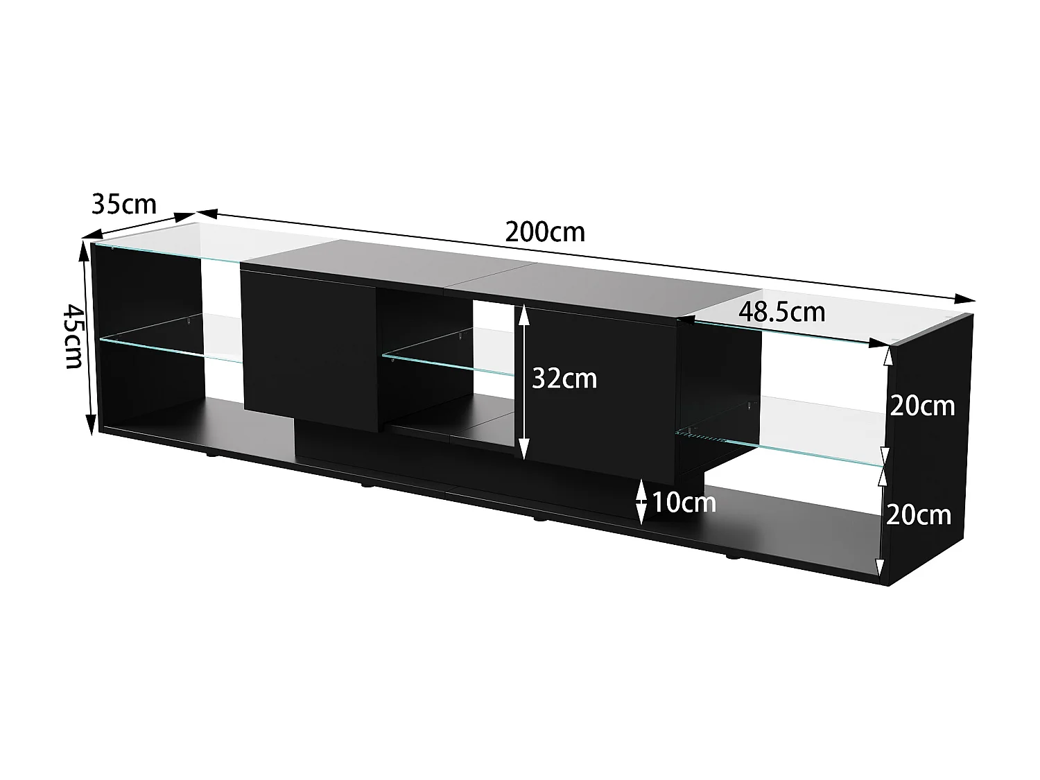 Meuble TV 200 cm, RGB LED, 2 tiroirs, sans poignée, Verre trempé et bois, Salon, 200 x 35 x 45 cm, Noir