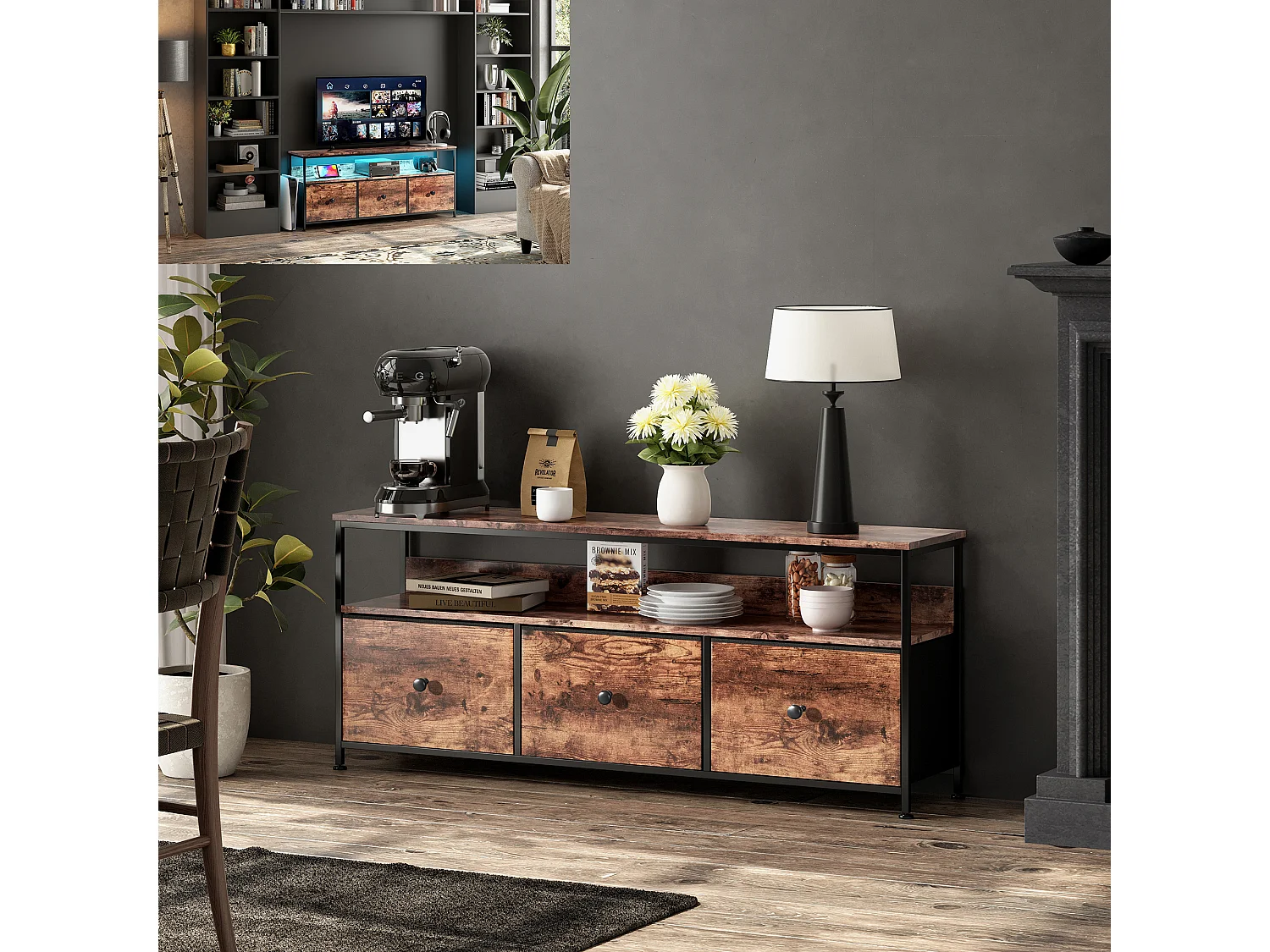 LED tv-meubel voor de woonkamer - Retro stijl - Hout - Spaanplaat - 3 lades, 1 plank - Opbergmeubel - 108x29x57 cm