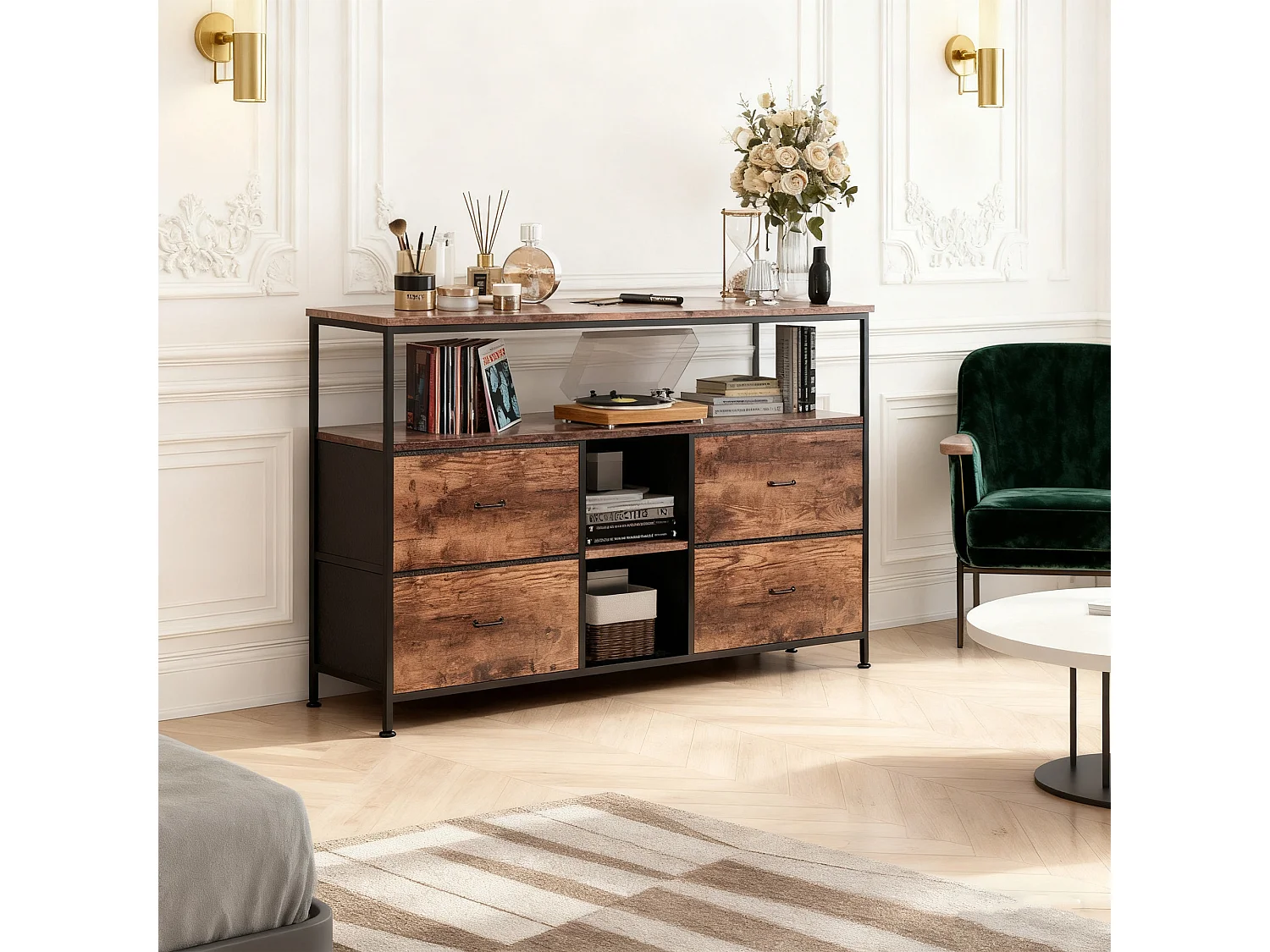 Meuble TV bois - POCKETPOP - 137x29x78cm - 4 tiroirs - LED réglable - Étagères ouvertes - Métal - Brun