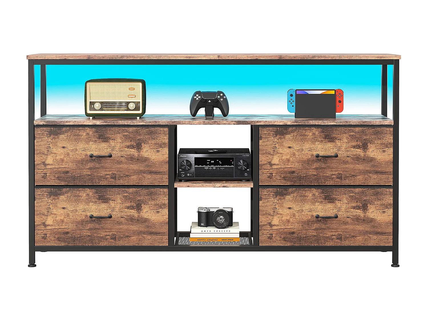 Meuble TV bois - POCKETPOP - 137x29x78cm - 4 tiroirs - LED réglable - Étagères ouvertes - Métal - Brun