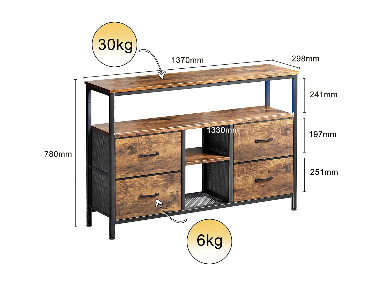 Meuble TV bois - POCKETPOP - 137x29x78cm - 4 tiroirs - LED réglable - Étagères ouvertes - Métal - Brun