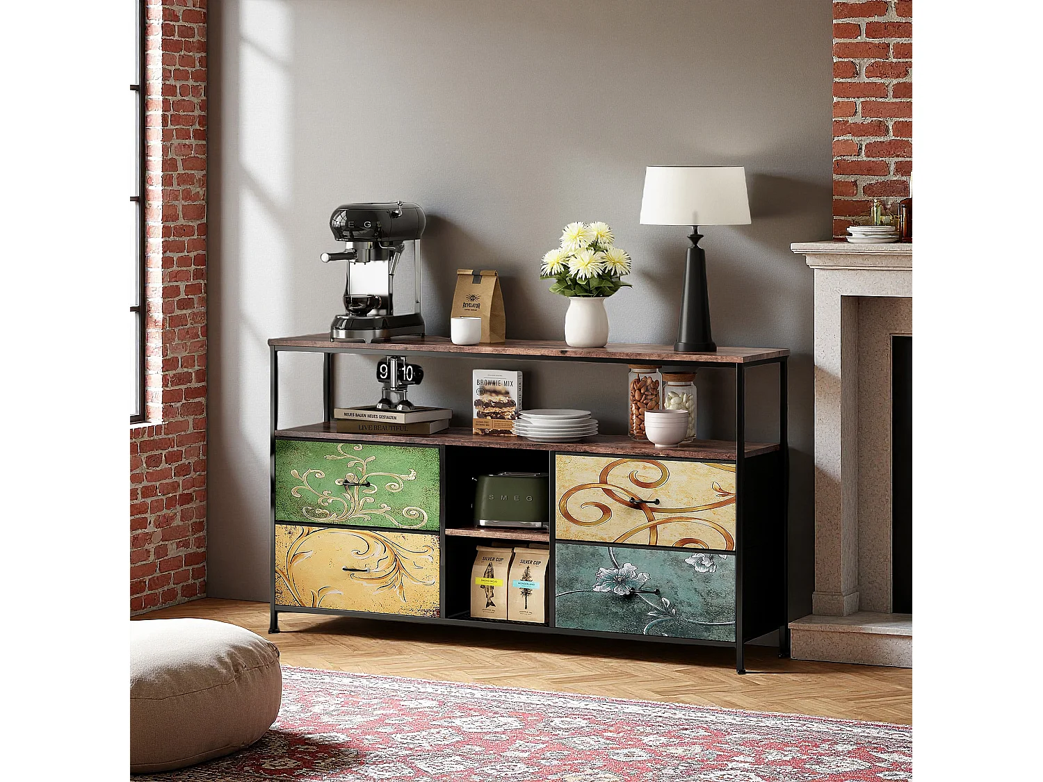 Meuble TV, RGB LED, 4 tiroirs, pieds en métal, Panneaux de particules, Salon, 108 x 29 x 76 cm, Multicolore