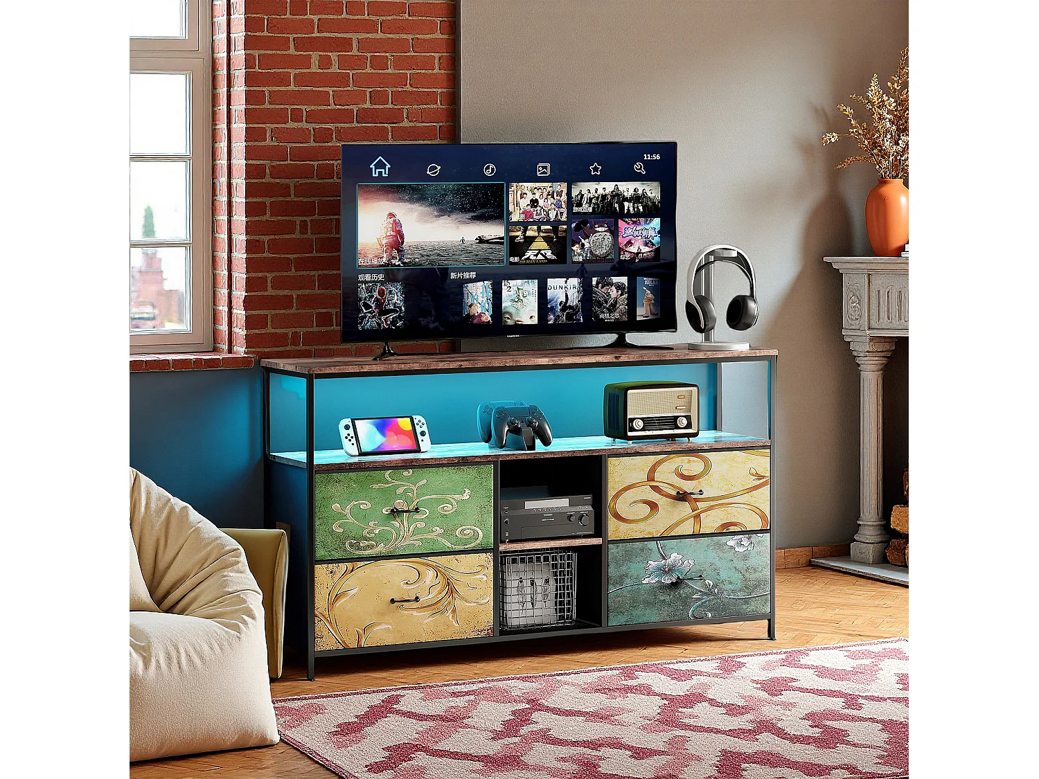 Meuble TV, RGB LED, 4 tiroirs, pieds en métal, Panneaux de particules, Salon, 108 x 29 x 76 cm, Multicolore