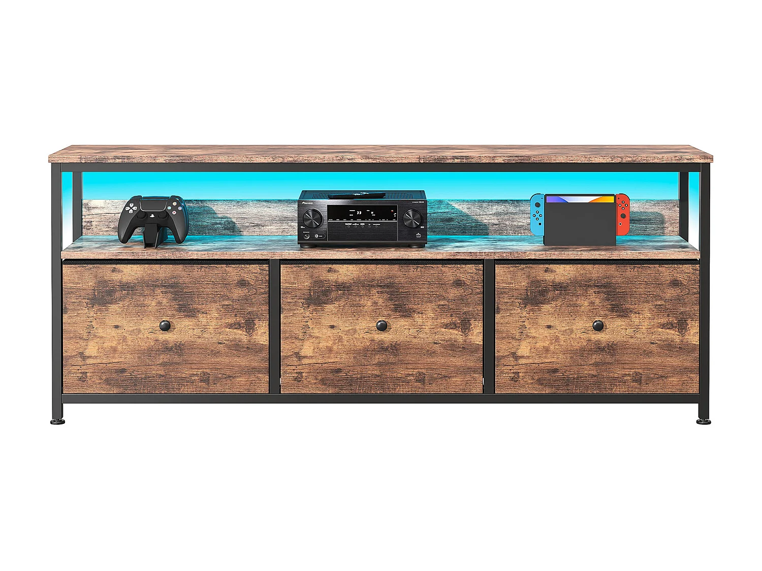 Meuble TV LED - POCKETPOP - 137x29x57cm - 3 tiroirs -  30kg - Étagères ouvertes - Bois et métal - Couleur bois