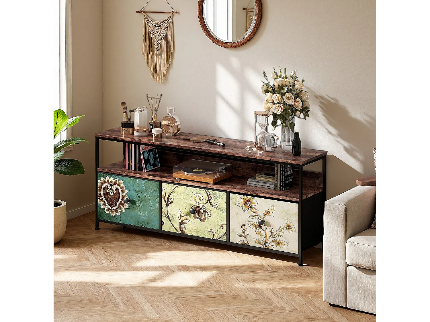 Meuble TV, RGB LED, 3 tiroirs, pieds réglables, Rétro et moderne, en bois, Salon et chambre, 108 x 29 x 57 cm
