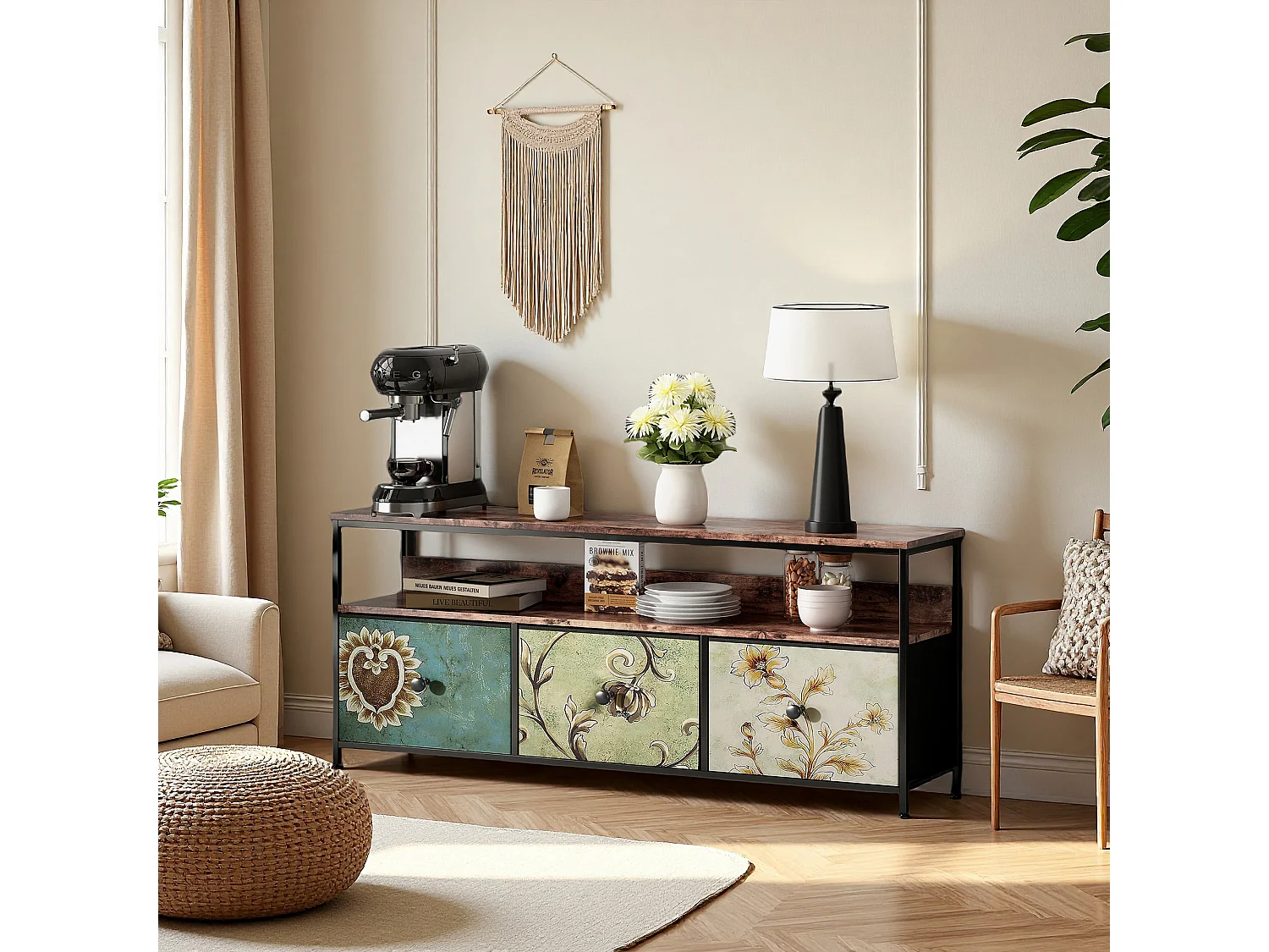 Meuble TV, RGB LED, 3 tiroirs, pieds réglables, Rétro et moderne, en bois, Salon et chambre, 108 x 29 x 57 cm