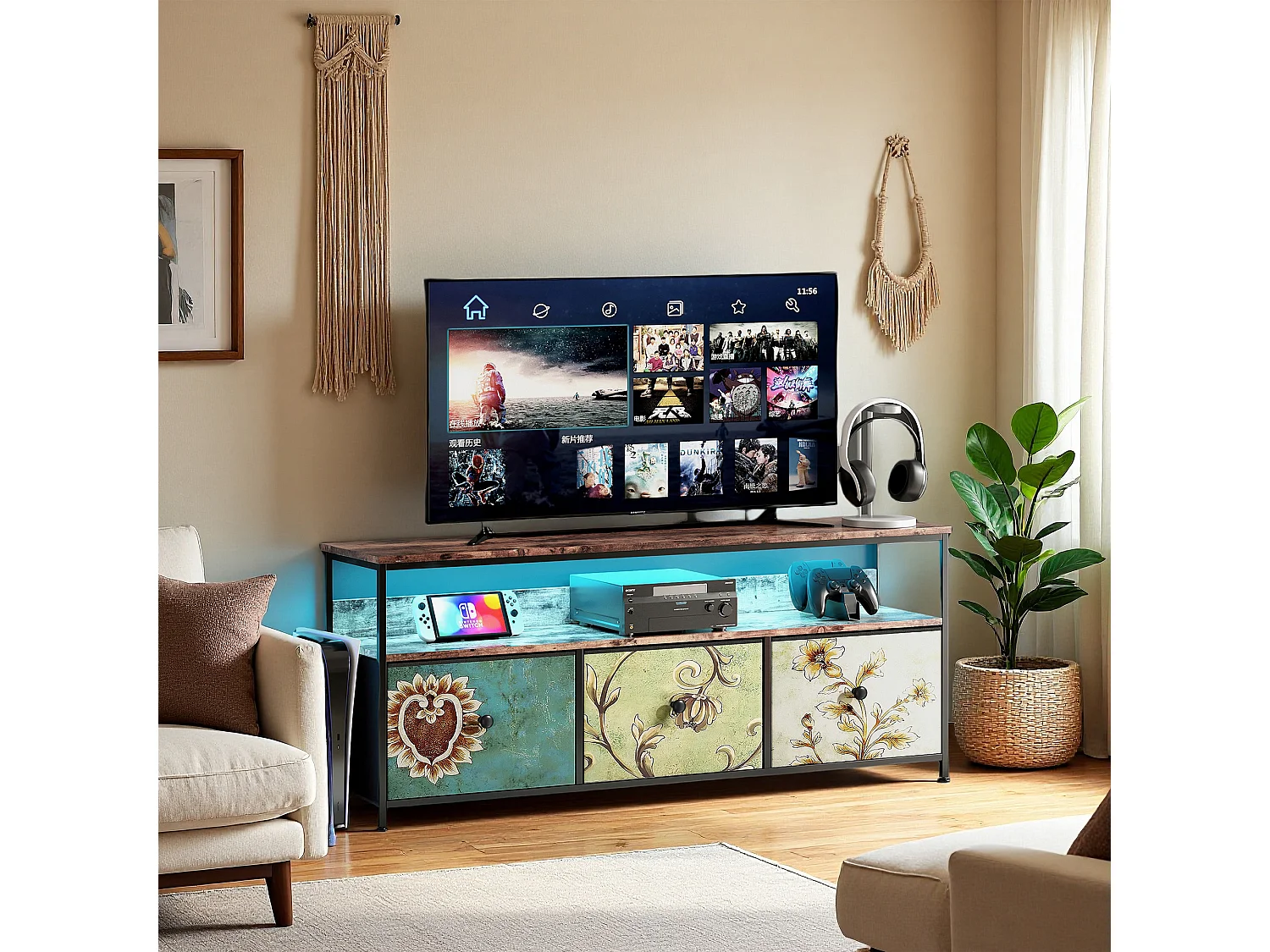 Meuble TV, RGB LED, 3 tiroirs, pieds réglables, Rétro et moderne, en bois, Salon et chambre, 108 x 29 x 57 cm