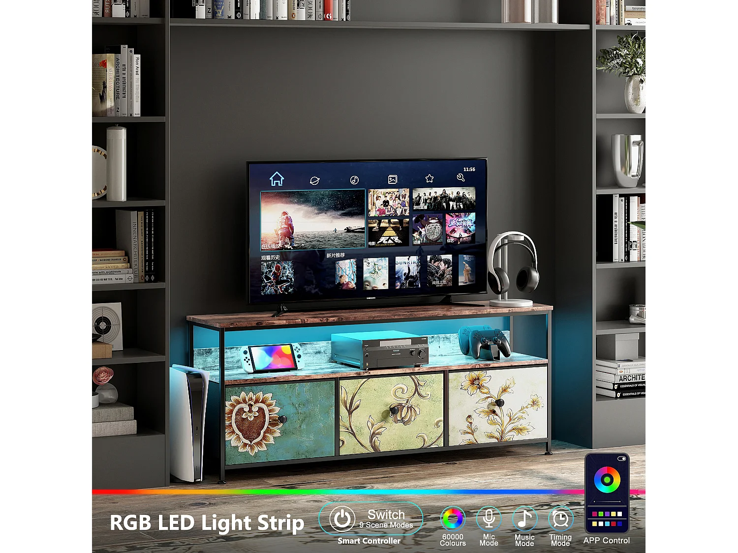 Meuble TV, RGB LED, 3 tiroirs, pieds réglables, Rétro et moderne, en bois, Salon et chambre, 108 x 29 x 57 cm