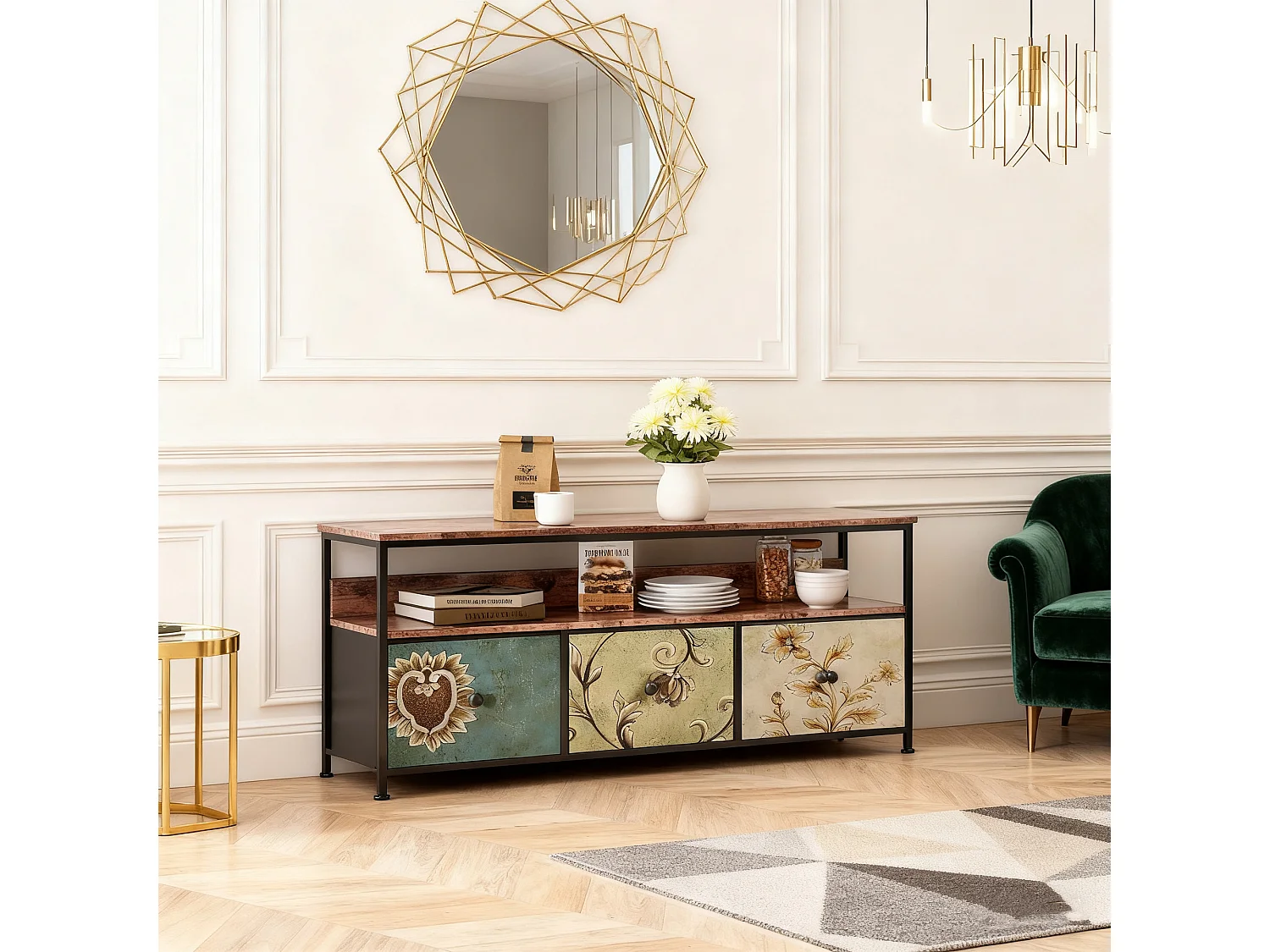 Houten tv-meubel - POCKETPOP - 137x30x57cm - 3 lades - Verstelbare ledverlichting - Open schappen - Metaal - Meerkleurig