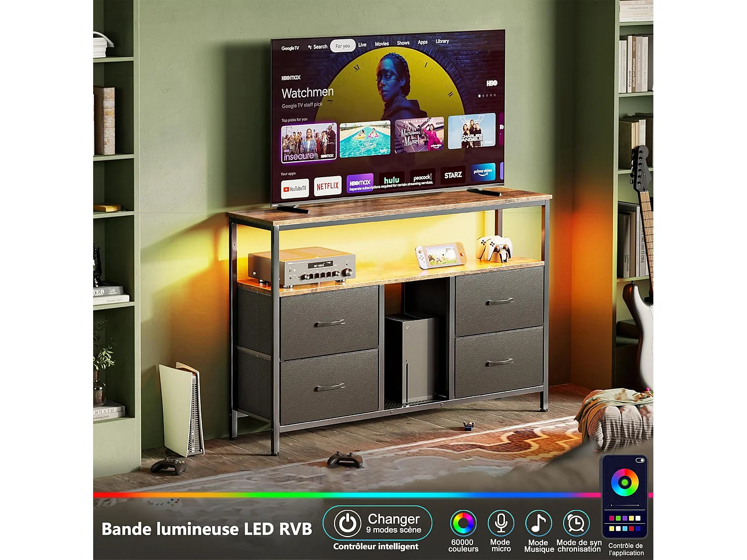Woonkamer tv-meubel met LED-verlichting - Moderne stijl - PU - Spaanplaat - 4 lades - Opbergmeubel - 108x29x78 cm - Zwart