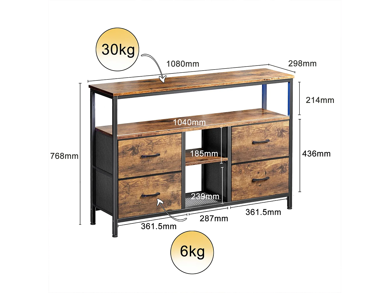 LED tv-meubel voor de woonkamer - Retro stijl - Hout - Spaanplaat - 4 lades - Opbergmeubel - 108x29x78 cm - Bruin