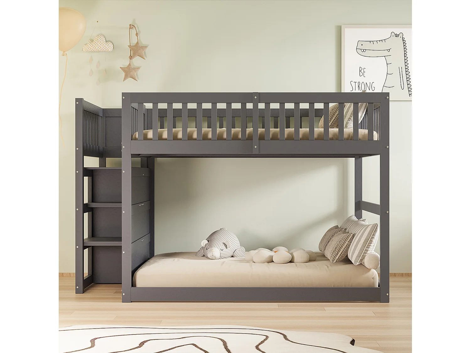 Lit superposé enfant 140 x 200 cm, avec tiroirs de rangement, structure avec barrière de sécurité, lit en bois, gris