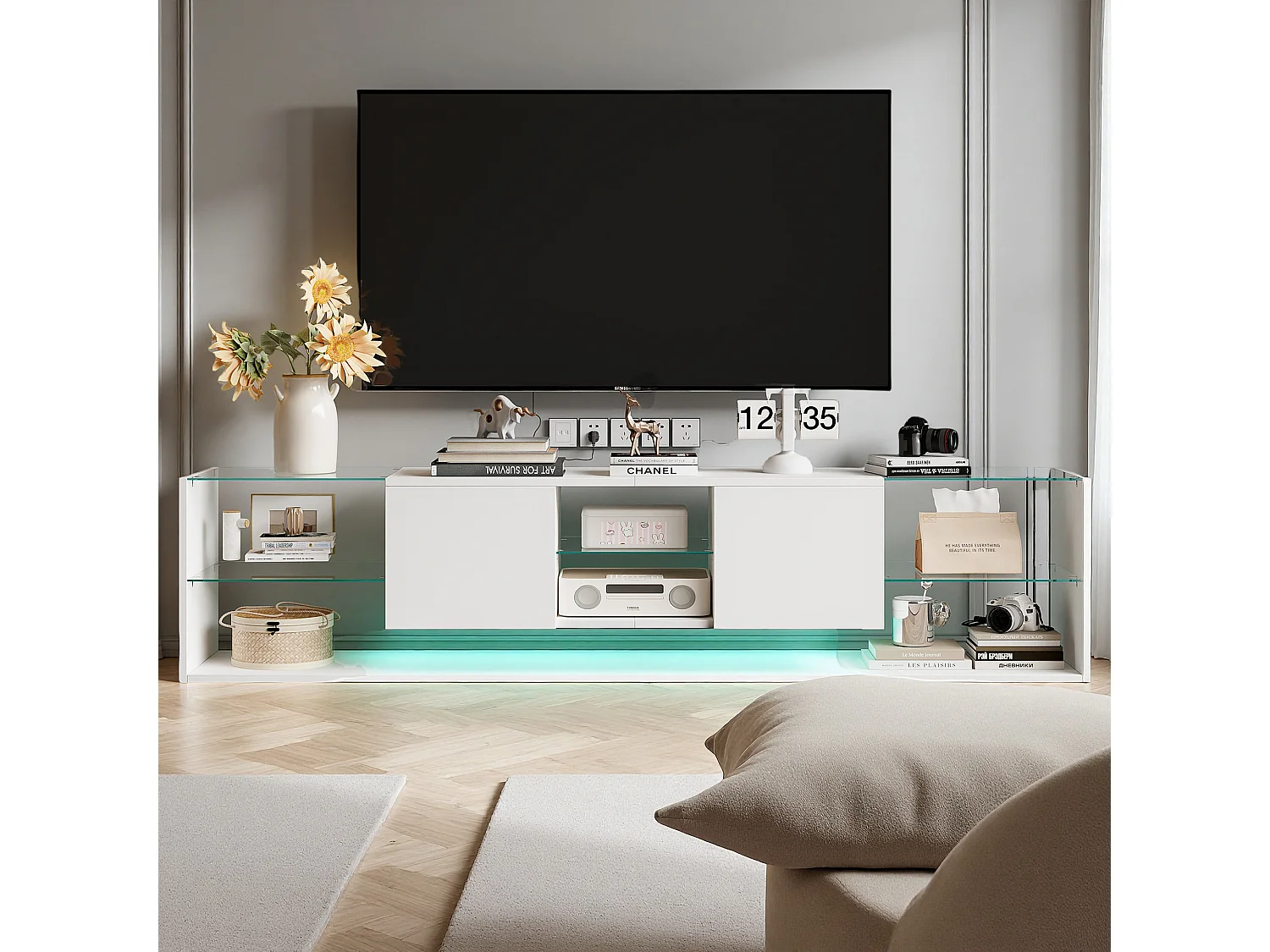 Meuble TV 200 cm - RGB LED - 2 tiroirs - sans poignée - Verre trempé et bois  - Salon - 200 x 35 x 45 cm - blanc