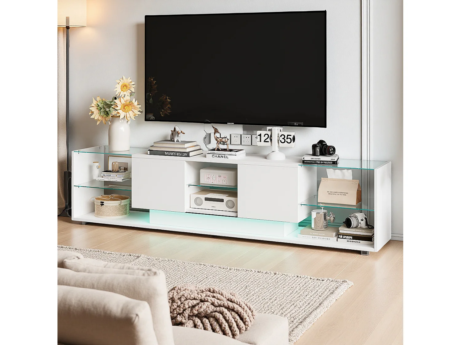 Meuble TV 200 cm - RGB LED - 2 tiroirs - sans poignée - Verre trempé et bois  - Salon - 200 x 35 x 45 cm - blanc