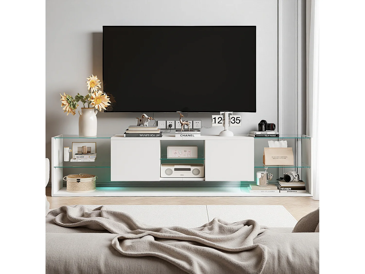 Meuble TV 200 cm - RGB LED - 2 tiroirs - sans poignée - Verre trempé et bois  - Salon - 200 x 35 x 45 cm - blanc